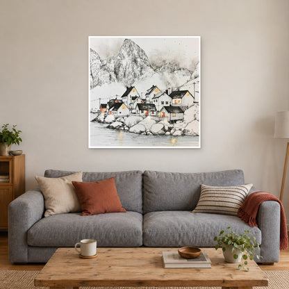 Norway Harbour Below the Peak canvas wall art above a grey sofa with rust and striped cushions