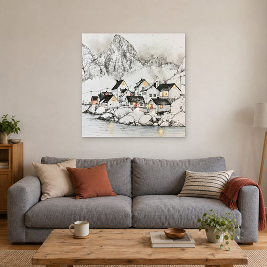 Norway Harbour Below the Peak canvas wall art above a grey sofa with rust and striped cushions