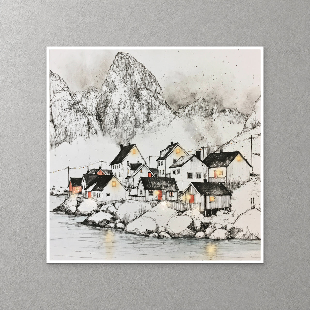 Harbour houses with lit windows sit on the rocks below a grey mountain peak, drawn in black ink with soft grey wash — canvas wall art print