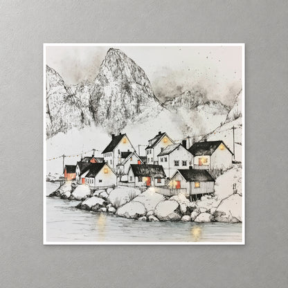 Harbour houses with lit windows sit on the rocks below a grey mountain peak, drawn in black ink with soft grey wash — canvas wall art print