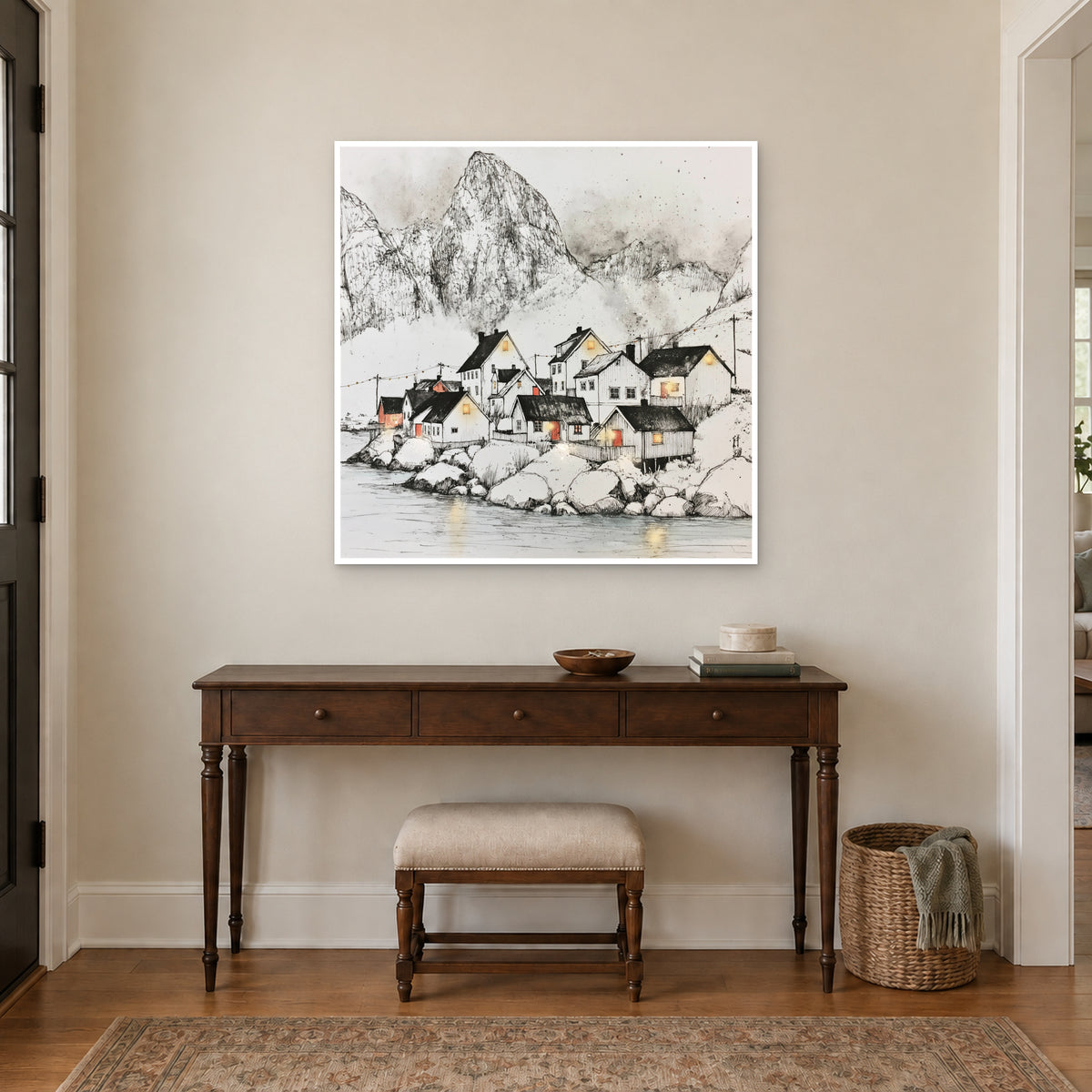 Norway Harbour Below the Peak canvas wall art above a dark wood console table and upholstered bench in an entryway