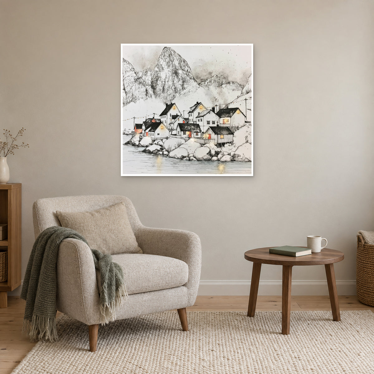 Norway Harbour Below the Peak canvas wall art above a cream armchair and round wooden side table