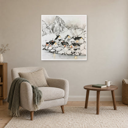 Norway Harbour Below the Peak canvas wall art above a cream armchair and round wooden side table