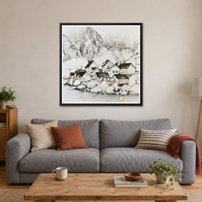 Norway Harbour Below the Peak framed canvas in a black floating frame above a grey sofa with rust and striped cushions