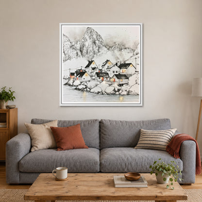 Norway Harbour Below the Peak framed canvas in a white floating frame above a grey sofa with rust and striped cushions