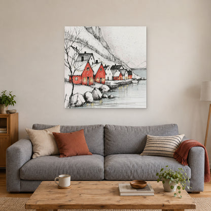 Scandinavian Red Boathouses Winter canvas wall art above a grey sofa with rust and striped cushions