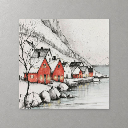 Red boathouses line the water below a snowy mountain, drawn in black ink with washes of red and grey — canvas wall art print