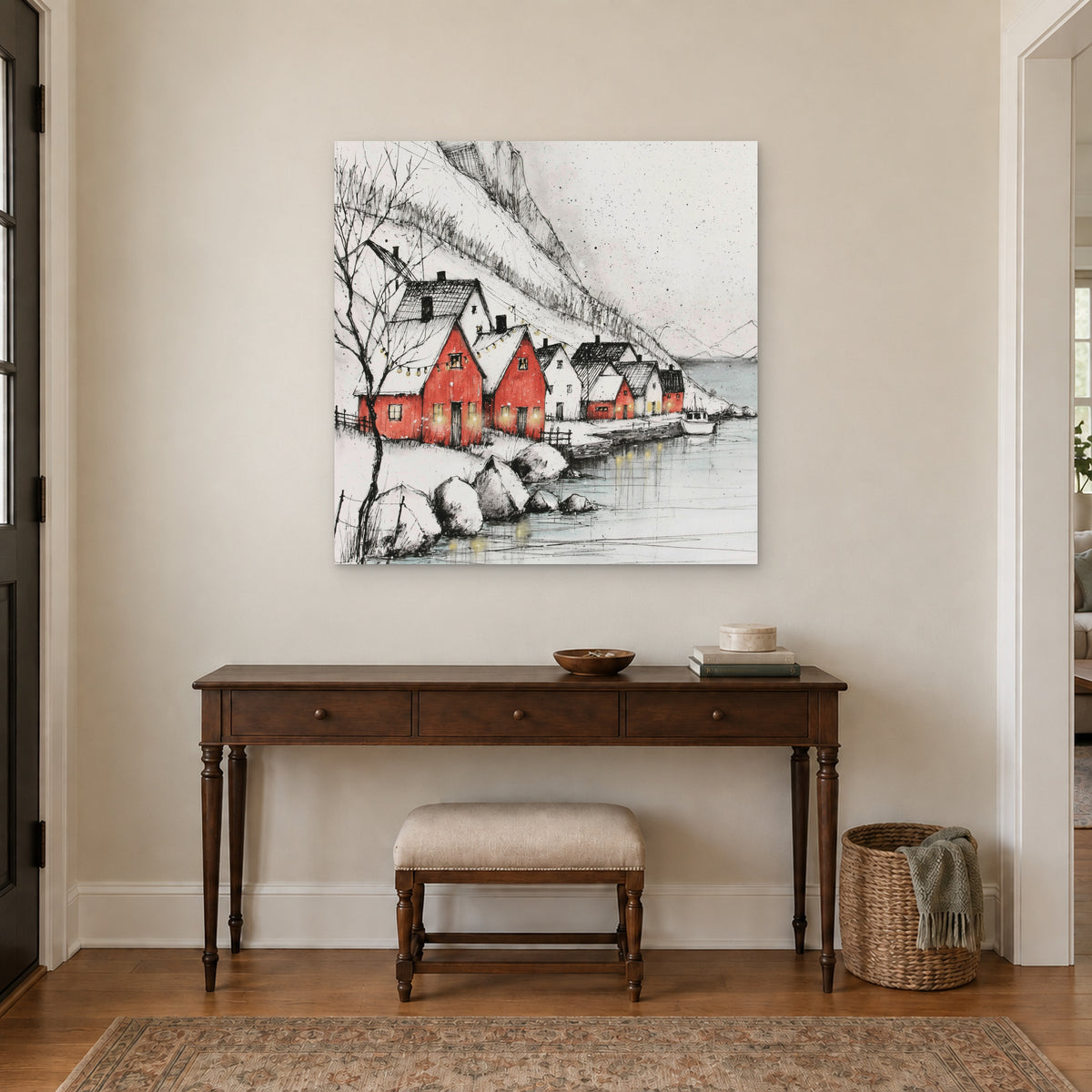 Scandinavian Red Boathouses Winter canvas wall art above a dark wood console table and upholstered bench in an entryway