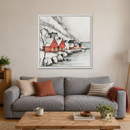 Scandinavian Red Boathouses Winter framed canvas in a white floating frame above a grey sofa with rust and striped cushions