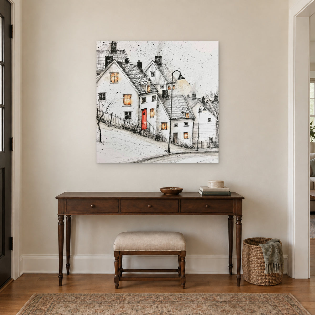 The Lamp on the Snowy Street canvas wall art above a dark wood console table and upholstered bench in an entryway