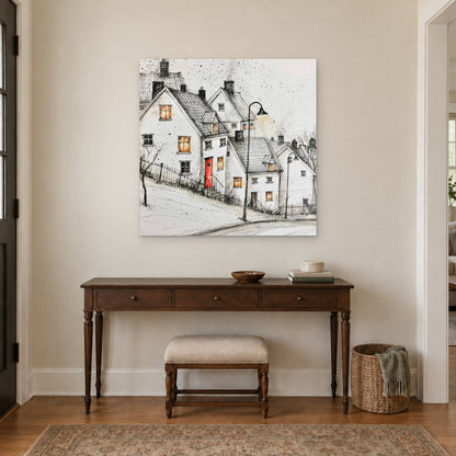 The Lamp on the Snowy Street canvas wall art above a dark wood console table and upholstered bench in an entryway