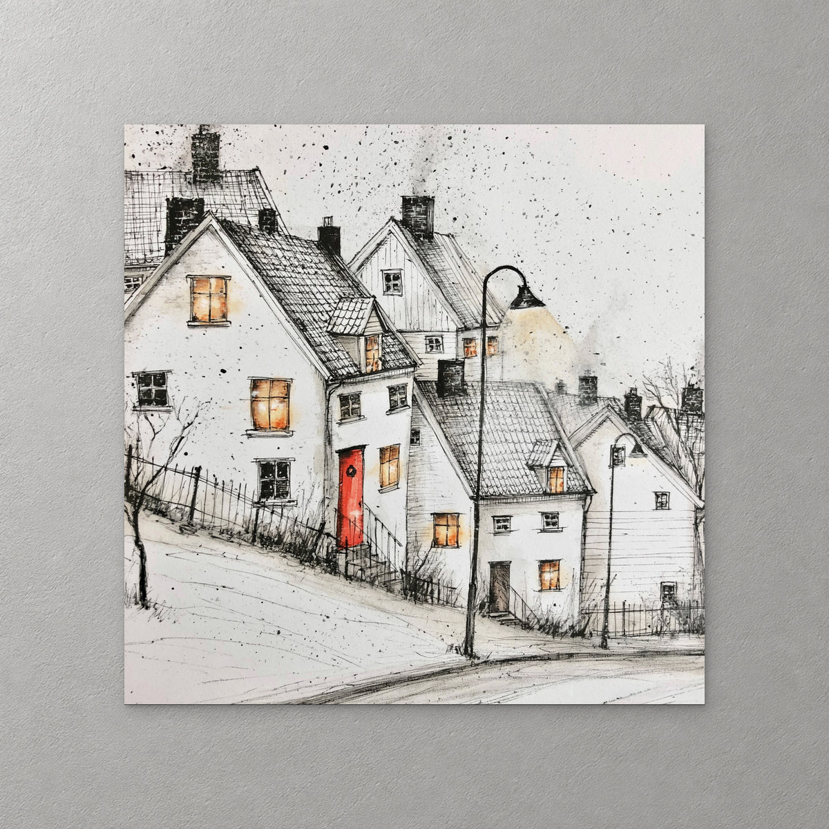 Steep-roofed white houses climb a snowy hill beside a curved street lamp, with amber windows and one red door with a wreath, in pen and ink — canvas wall art print