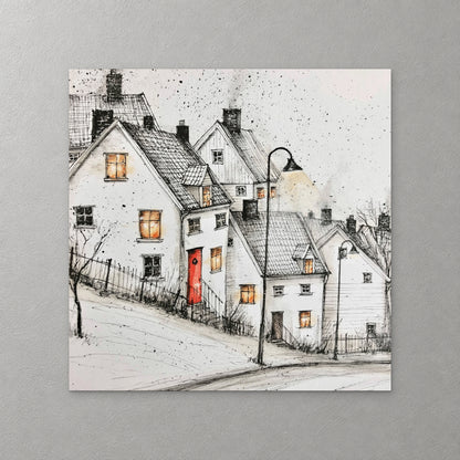 Steep-roofed white houses climb a snowy hill beside a curved street lamp, with amber windows and one red door with a wreath, in pen and ink — canvas wall art print