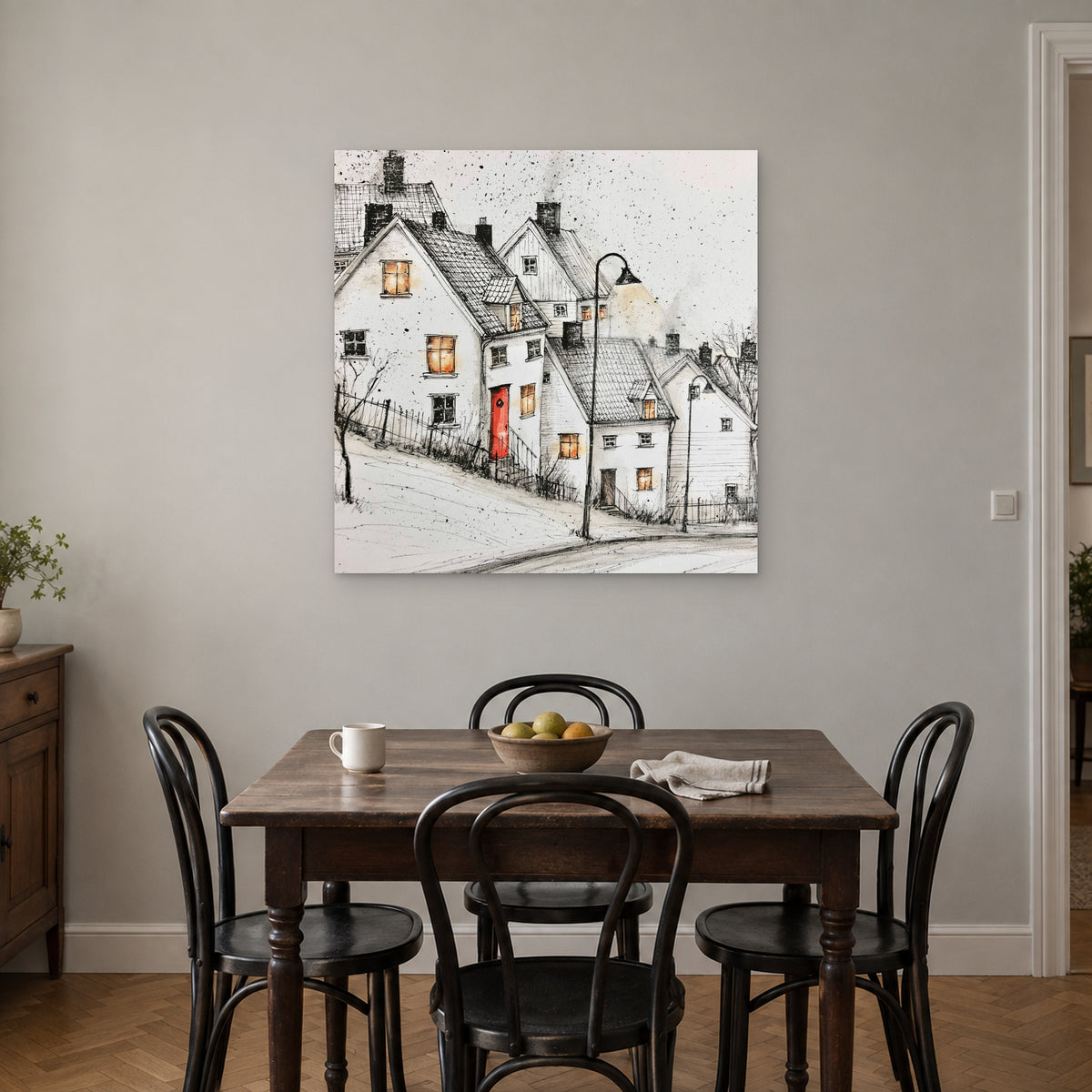 The Lamp on the Snowy Street canvas wall art above a small wooden dining table with black bentwood chairs