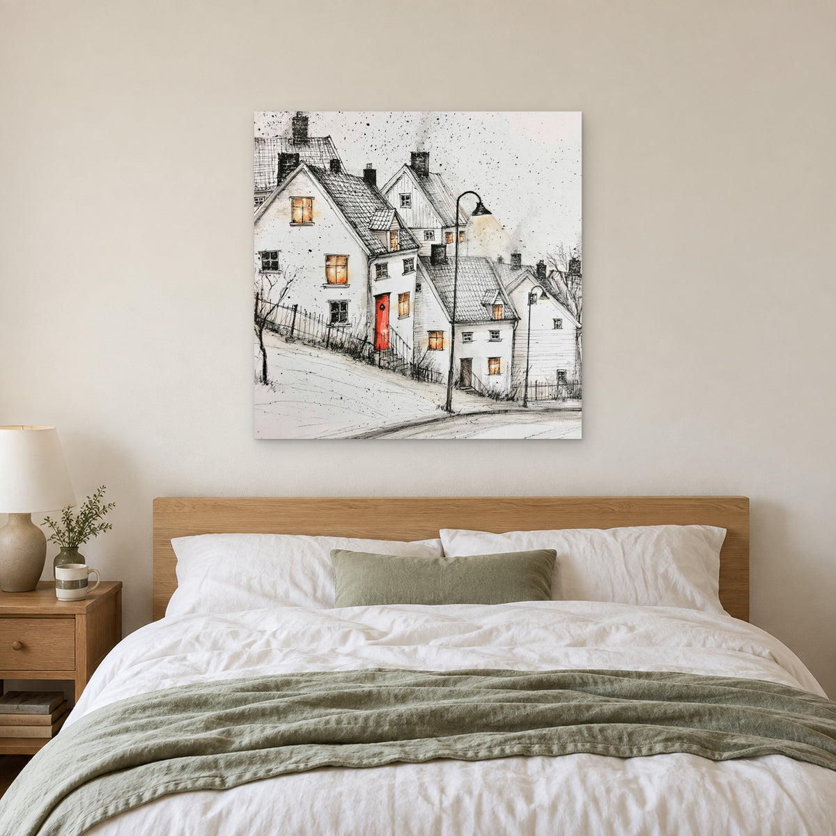 The Lamp on the Snowy Street canvas wall art above a bed with white linens and a sage throw