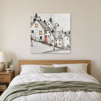 The Lamp on the Snowy Street canvas wall art above a bed with white linens and a sage throw