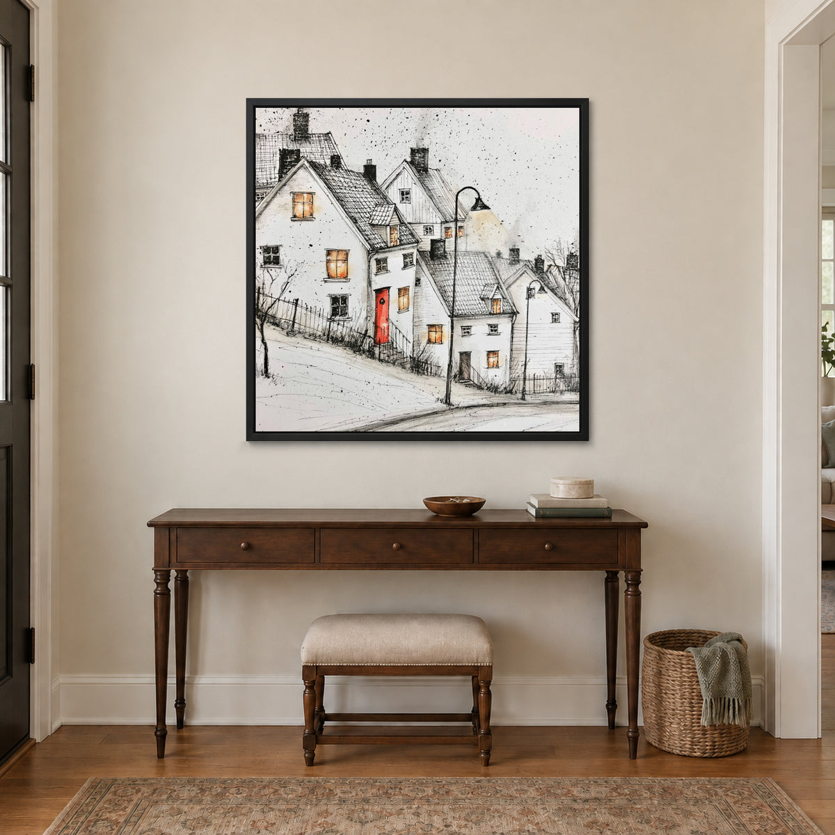 The Lamp on the Snowy Street framed canvas in a black floating frame above a dark wood console table and upholstered bench