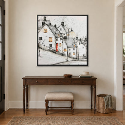 The Lamp on the Snowy Street framed canvas in a black floating frame above a dark wood console table and upholstered bench
