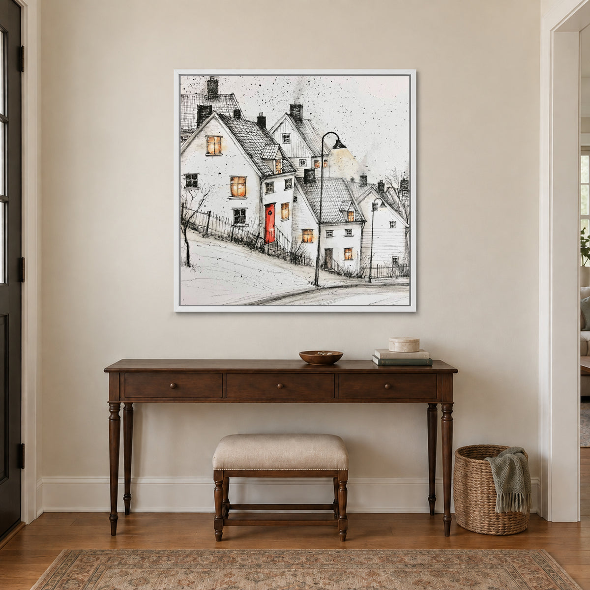 The Lamp on the Snowy Street framed canvas in a white floating frame above a dark wood console table and upholstered bench
