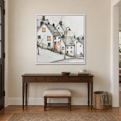 The Lamp on the Snowy Street framed canvas in a white floating frame above a dark wood console table and upholstered bench