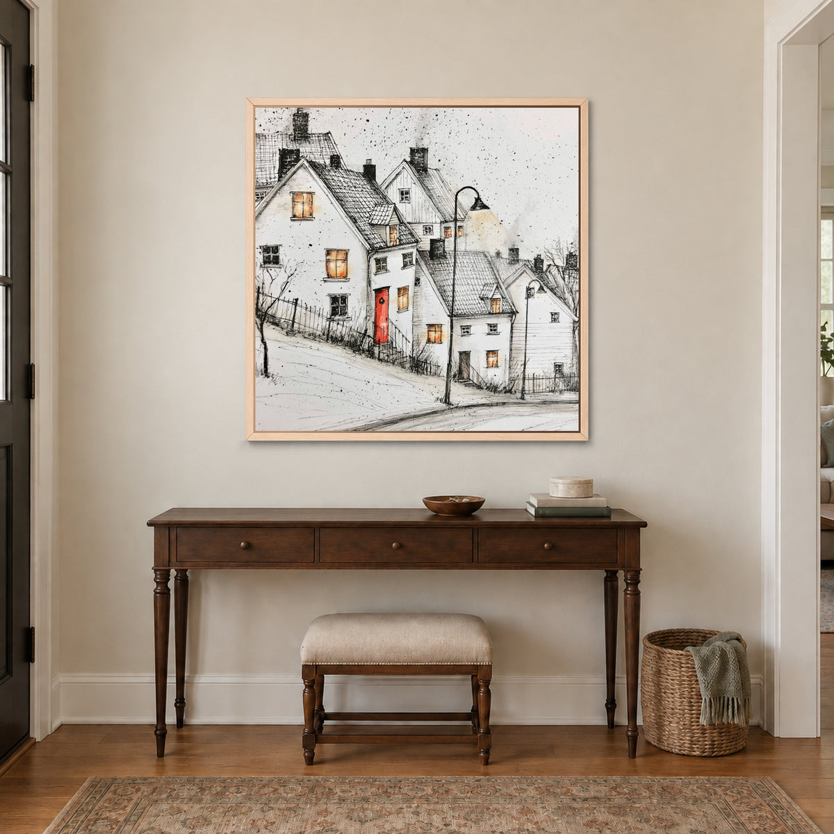 The Lamp on the Snowy Street framed canvas in a natural wood floating frame above a dark wood console table and upholstered bench