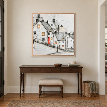 The Lamp on the Snowy Street framed canvas in a natural wood floating frame above a dark wood console table and upholstered bench