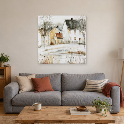 Amber Windows in Scandinavian Snow canvas wall art above a grey sofa with rust and striped cushions