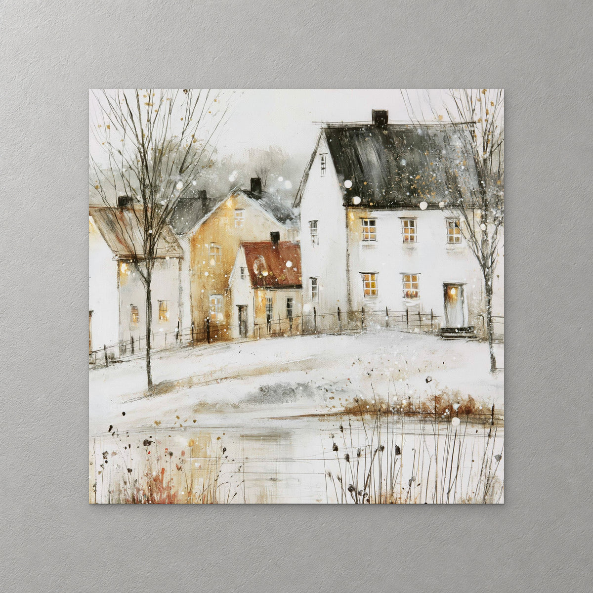 White and ochre houses with a red roof and amber windows stand among bare trees above a frozen pond in the snow — canvas wall art print