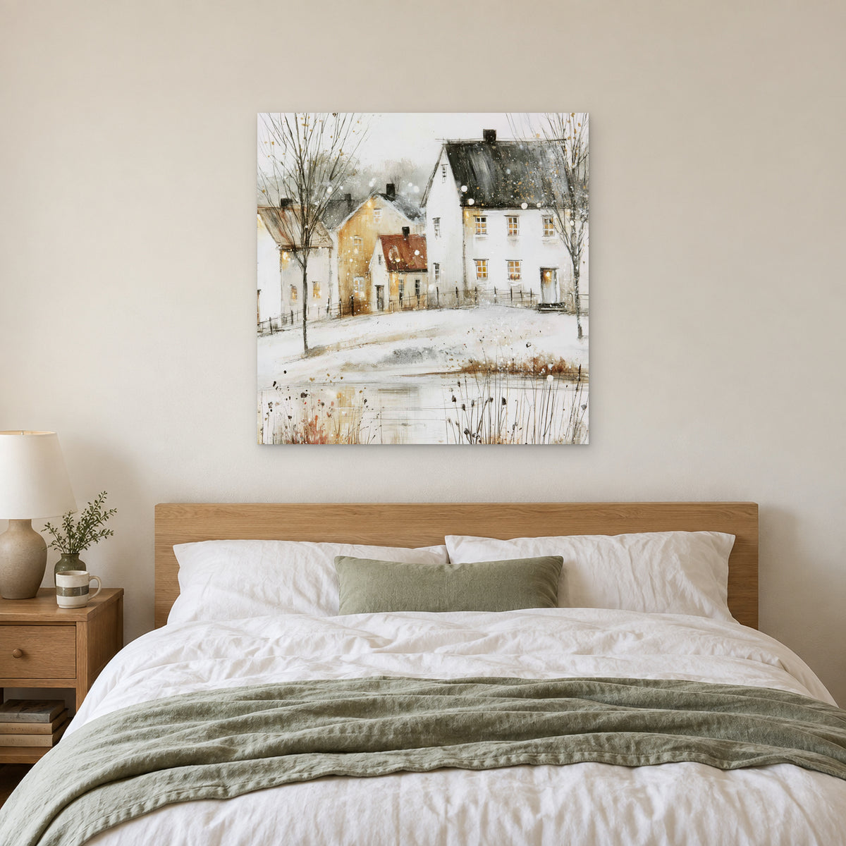 Amber Windows in Scandinavian Snow canvas wall art above a bed with white linens and a sage throw
