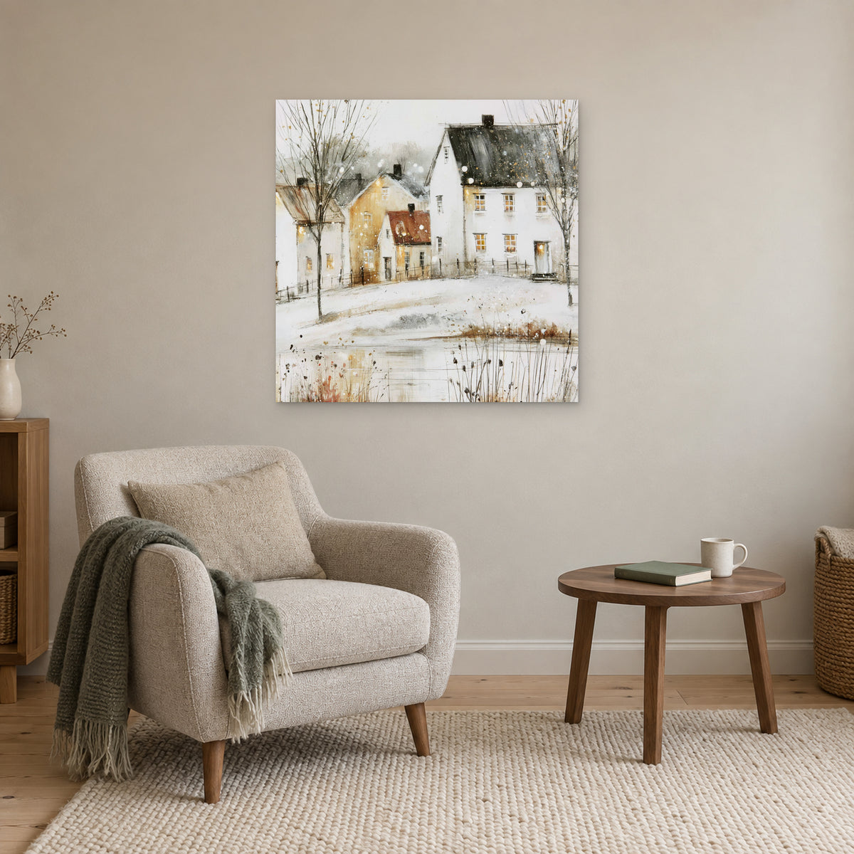 Amber Windows in Scandinavian Snow canvas wall art above a cream armchair and round wooden side table