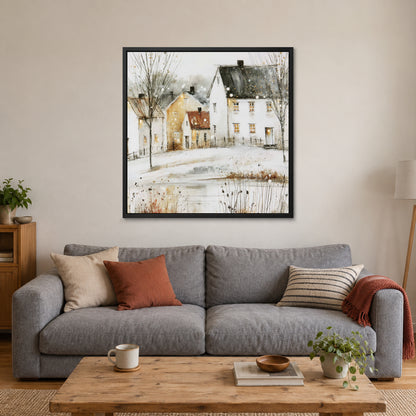 Amber Windows in Scandinavian Snow framed canvas in a black floating frame above a grey sofa with rust and striped cushions