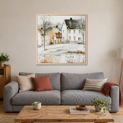 Amber Windows in Scandinavian Snow framed canvas in a natural wood floating frame above a grey sofa with rust and striped cushions