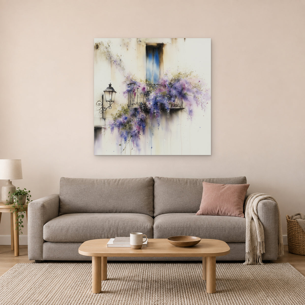 Wisteria in Full Bloom canvas wall art above a taupe sofa with a pink cushion and an oval wooden coffee table
