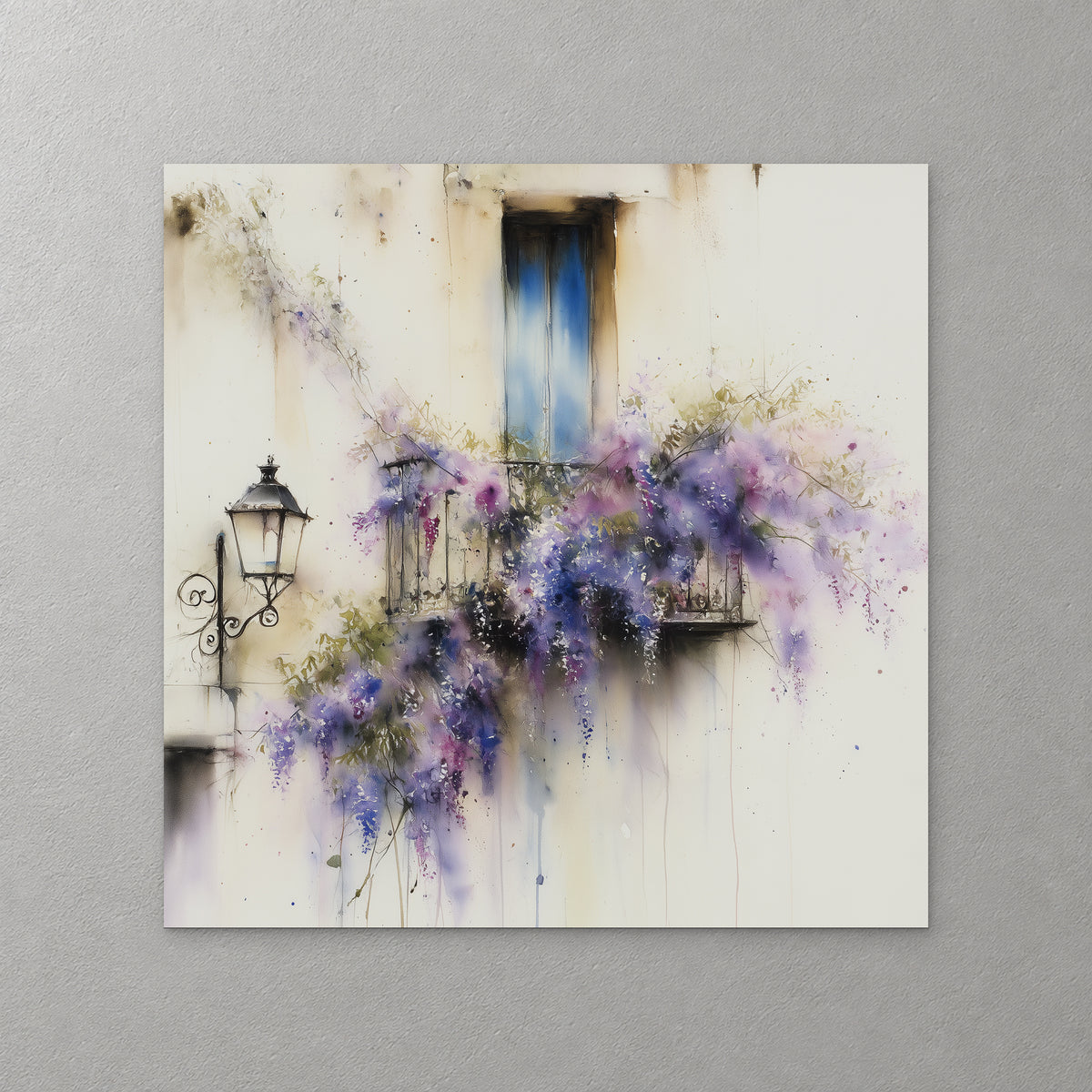 Violet, lilac and magenta wisteria spills over an iron balcony rail below a cobalt shutter, with an iron lantern on the left and paint drips running down a cream wall — canvas wall art print