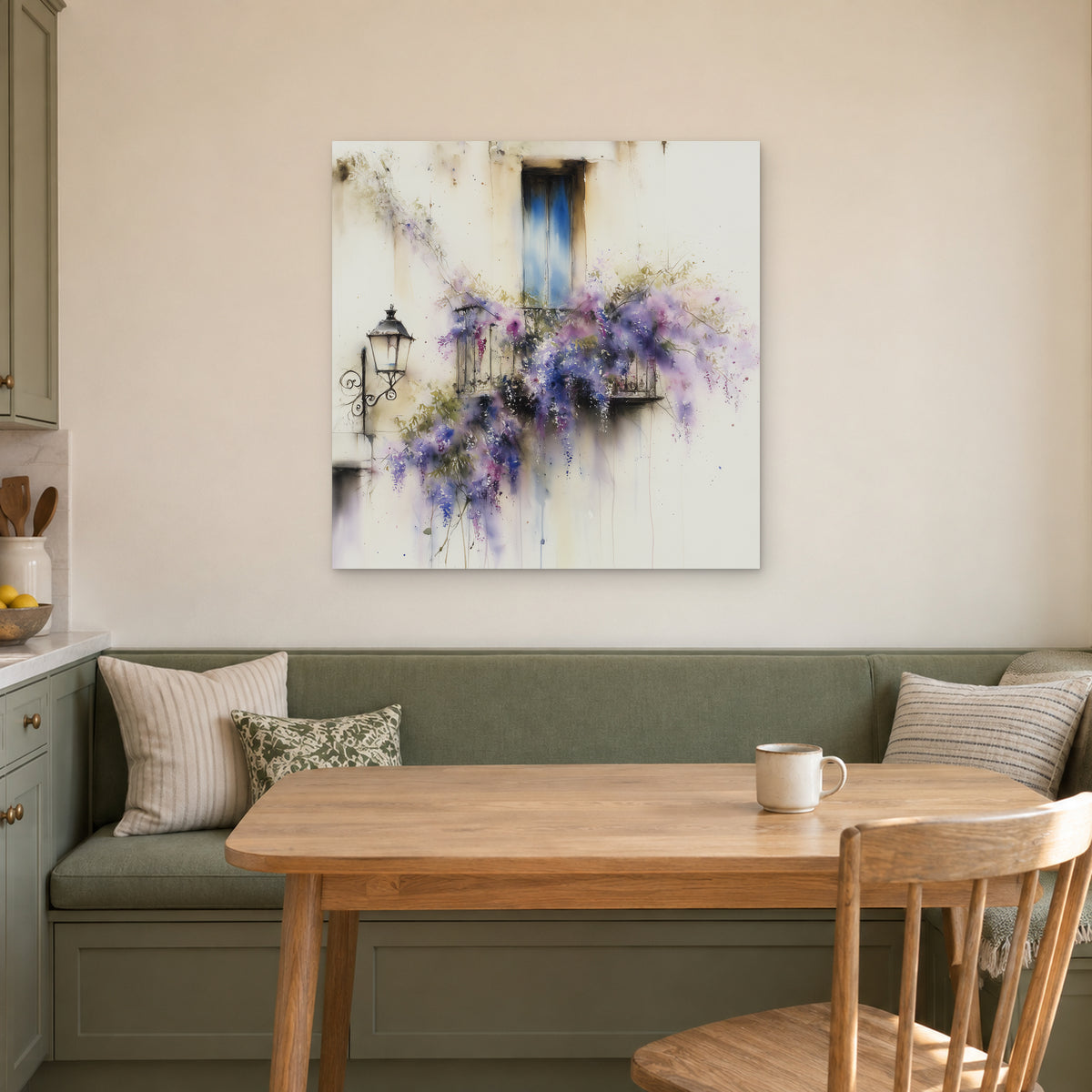 Wisteria in Full Bloom canvas wall art above a green banquette and wooden table in a breakfast nook