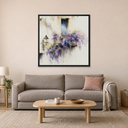 Wisteria in Full Bloom framed canvas in a black floating frame above a taupe sofa with a pink cushion and an oval wooden coffee table