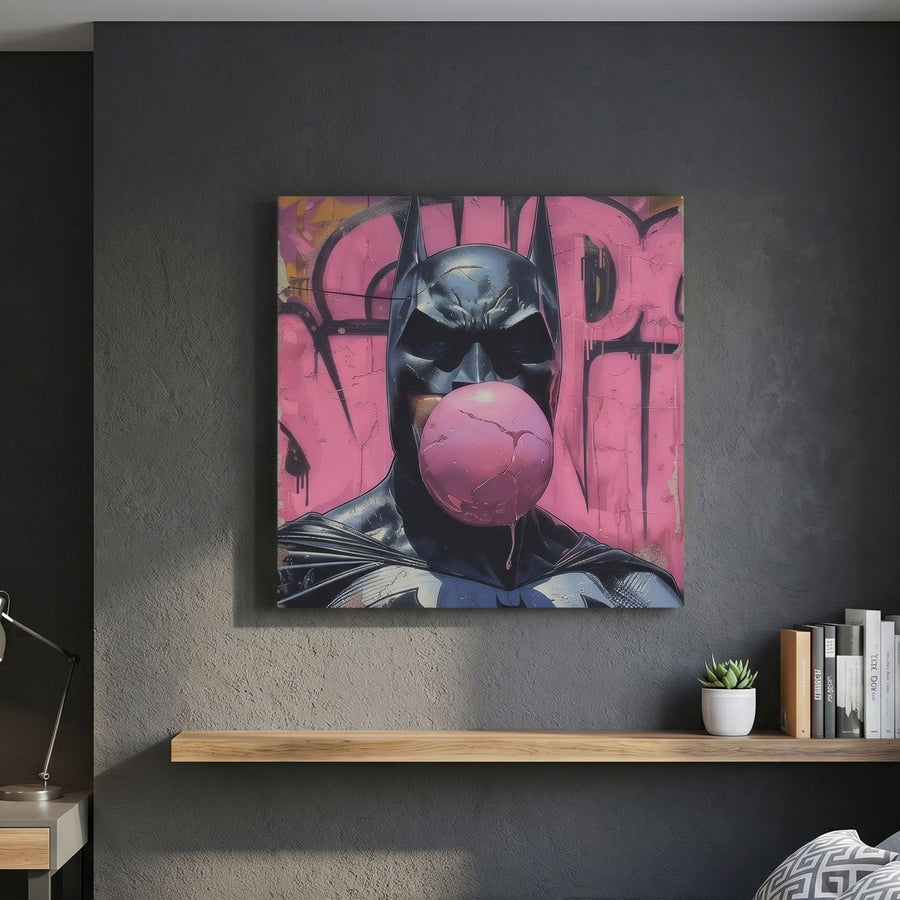 Canvasartwork of Batman blowing a pink bubble on a dark gray wall with a shelf below.