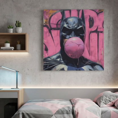 Canvas print of Batman blowing a pink bubble with graffiti-style text on a wall above a bed.