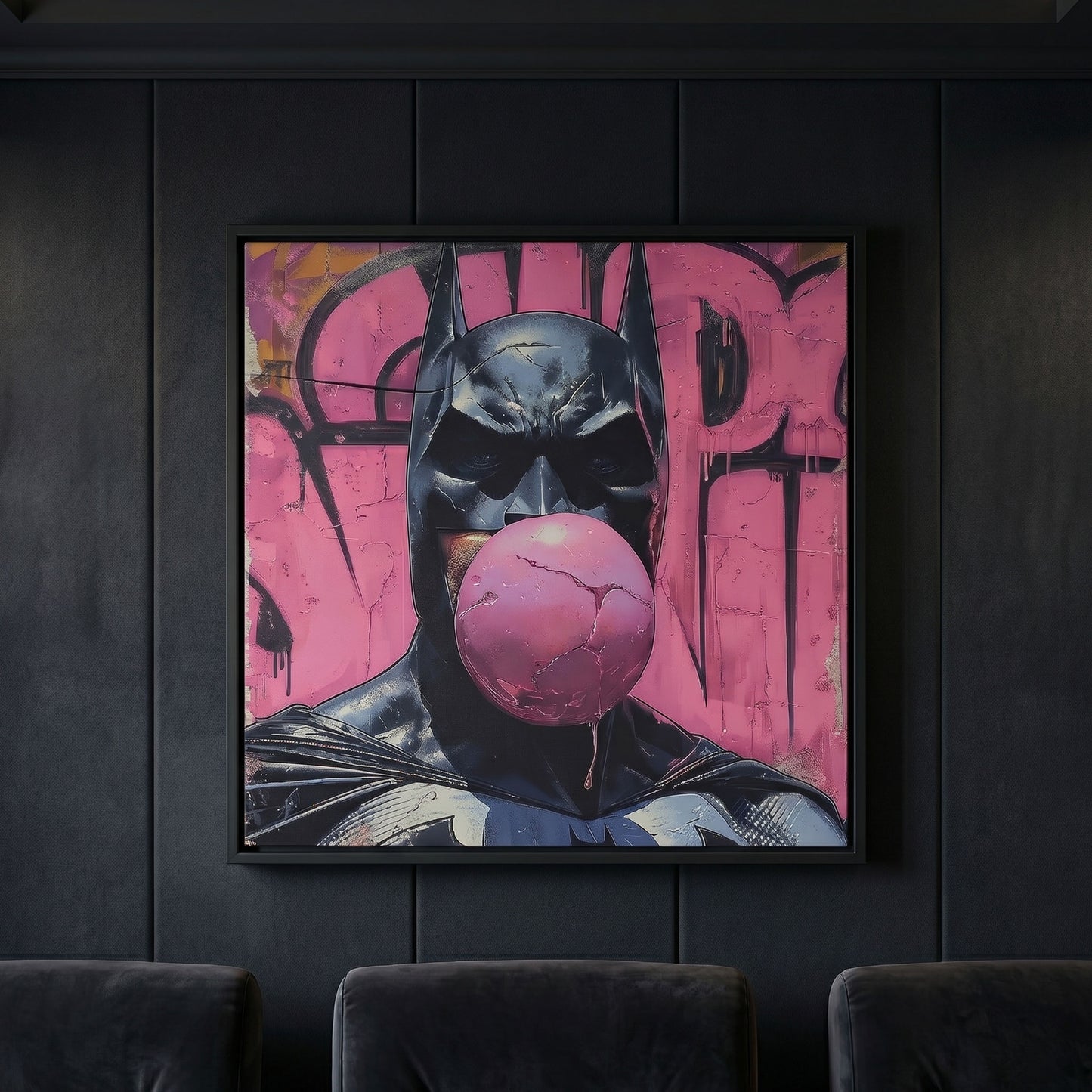 Batman framed canvas artwork on a dark wall.