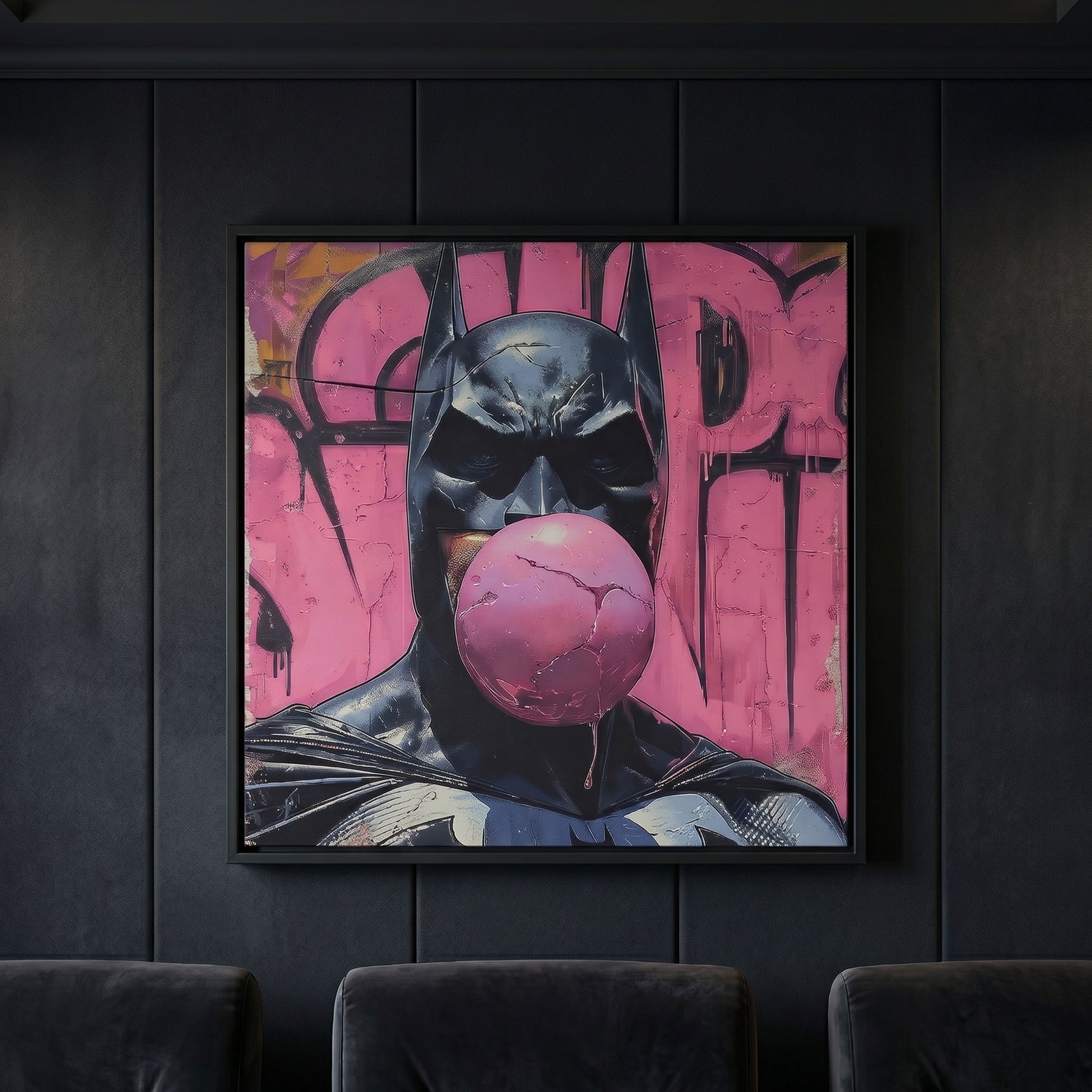 Batman framed canvas artwork on a dark wall.