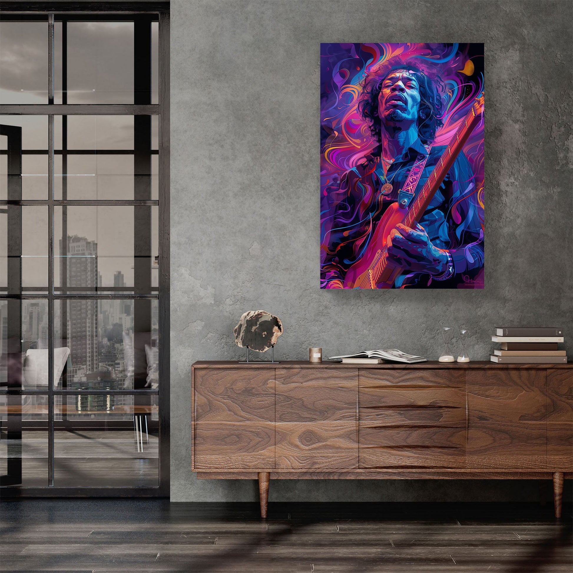 Jimi Hendrix playing the guitar psychedelic wall art print