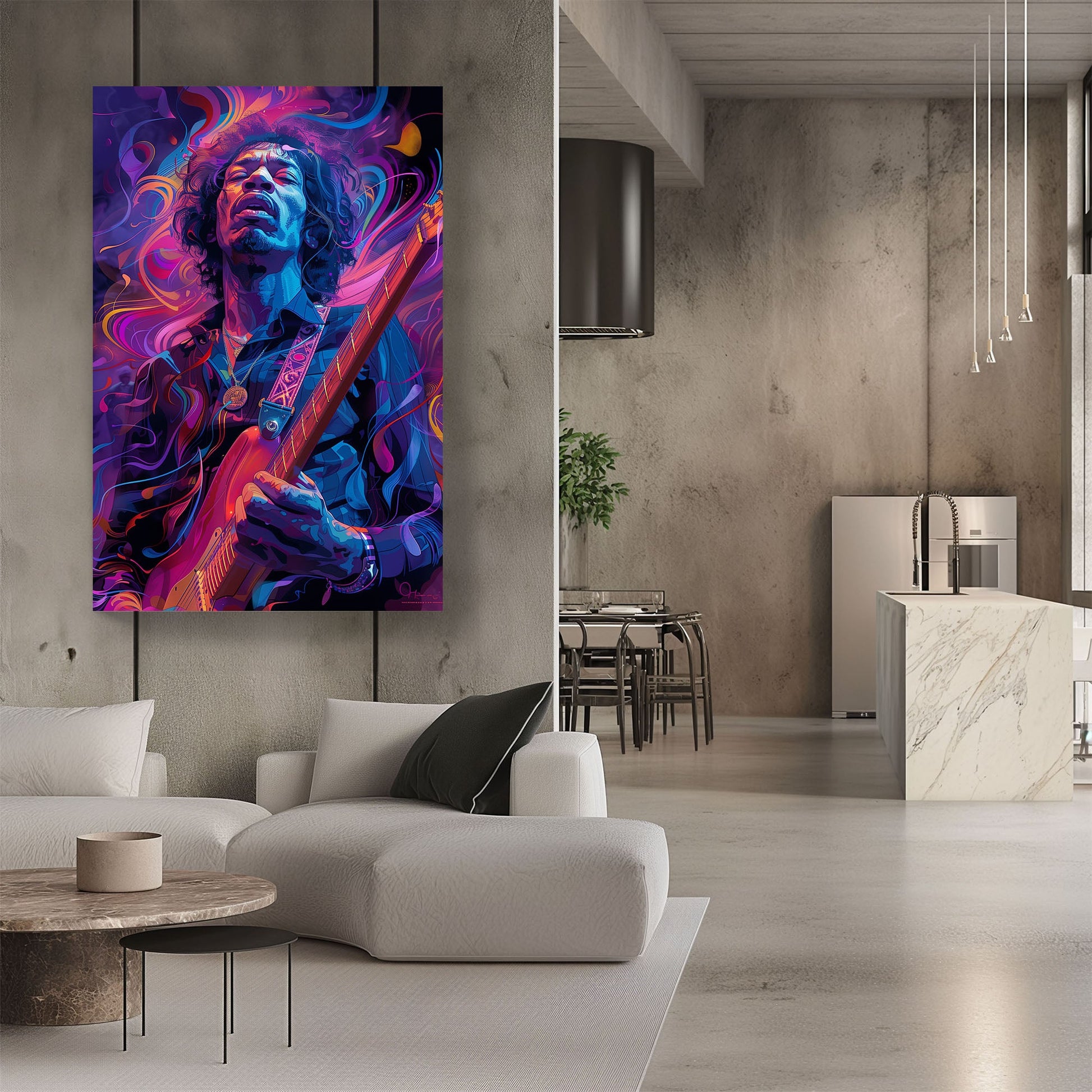 Jimi Hendrix playing the guitar psychedelic wall art print