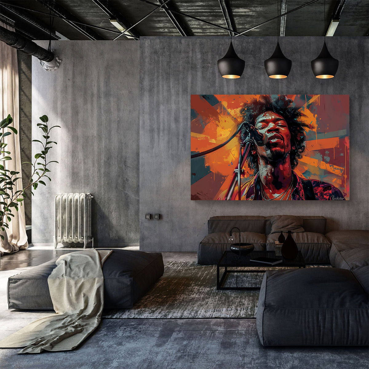 Jimi Hendrix singing over orange backdrop modern wall art print
