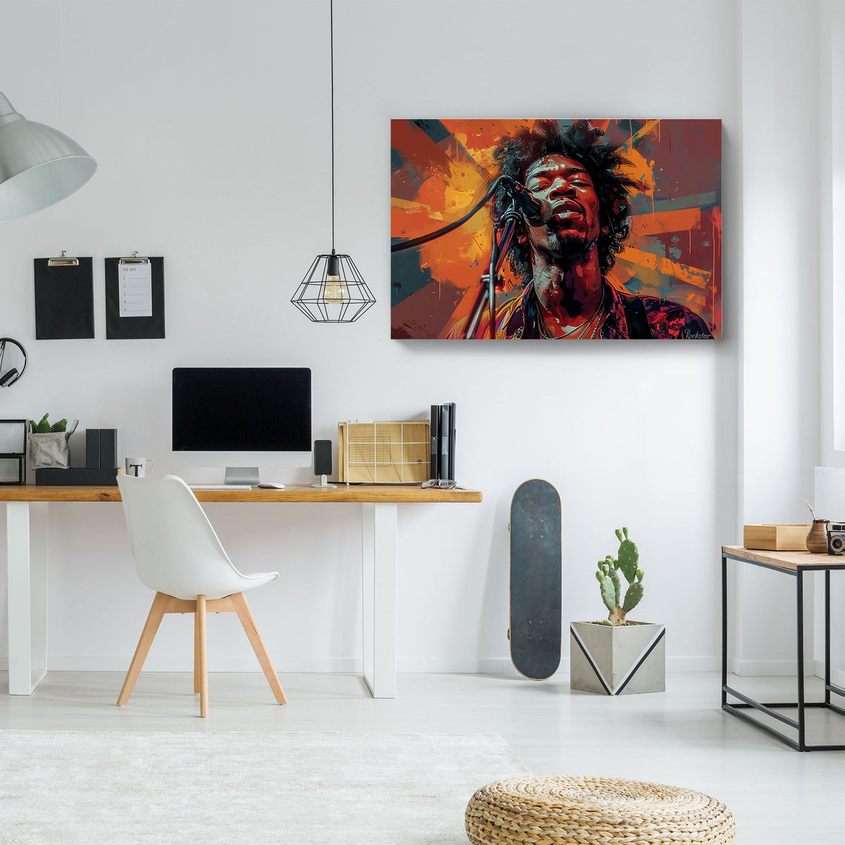Jimi Hendrix singing over orange backdrop modern wall art print
