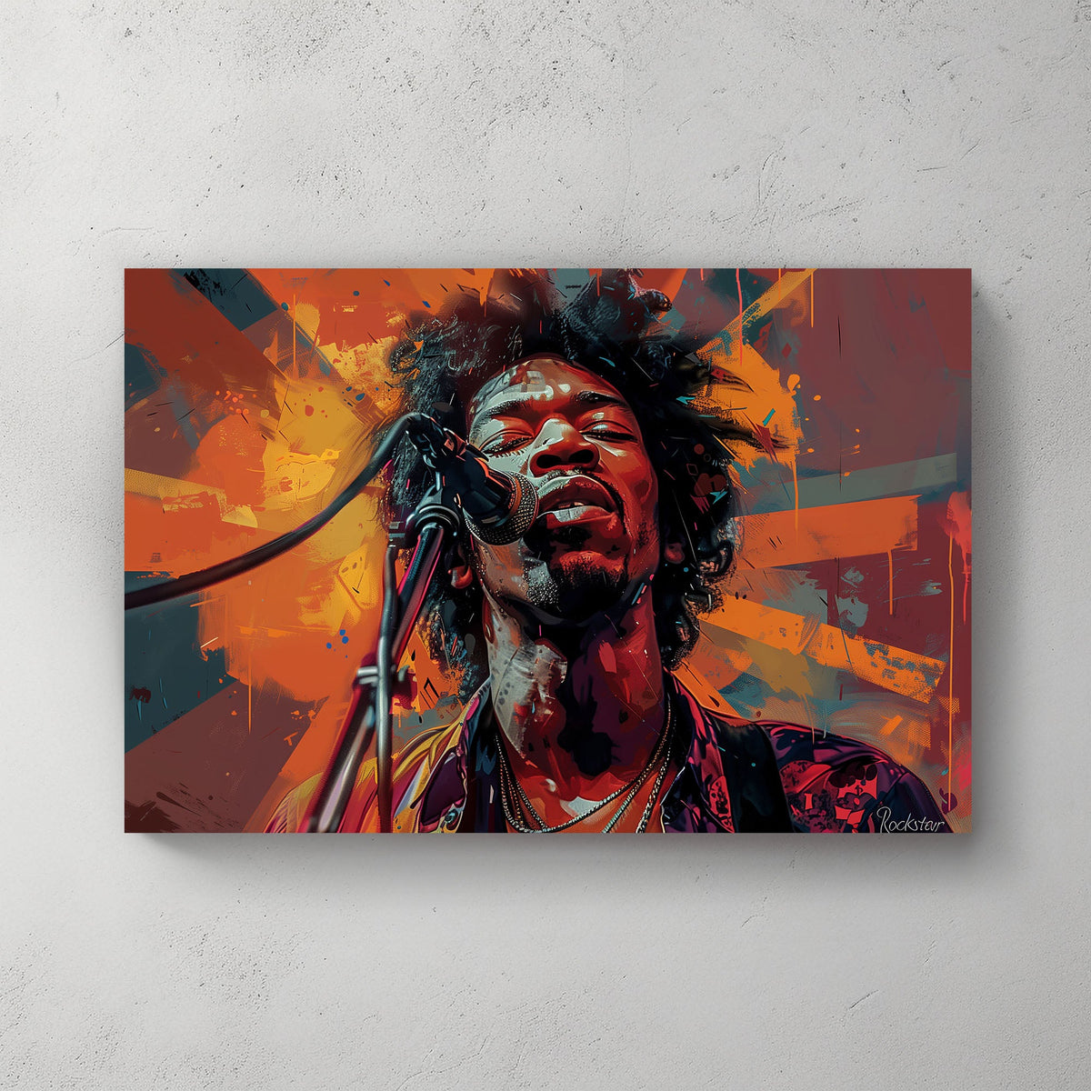 Jimi Hendrix singing over orange backdrop modern wall art print