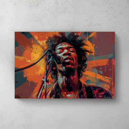 Jimi Hendrix singing over orange backdrop modern wall art print