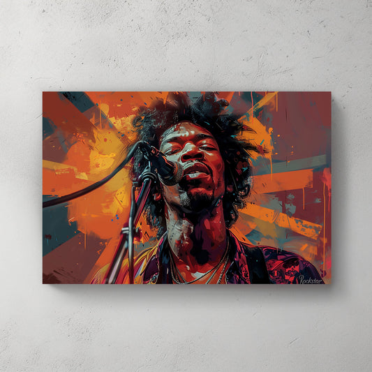 Jimi Hendrix singing over orange backdrop modern wall art print