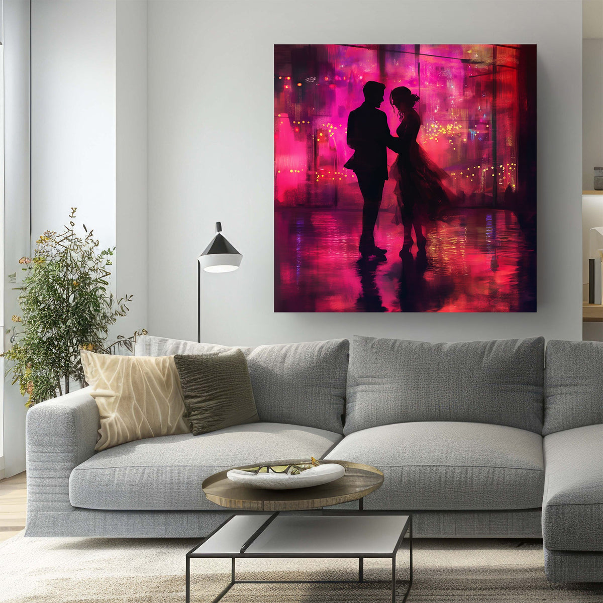 Couple dancing in pink lights wall art print