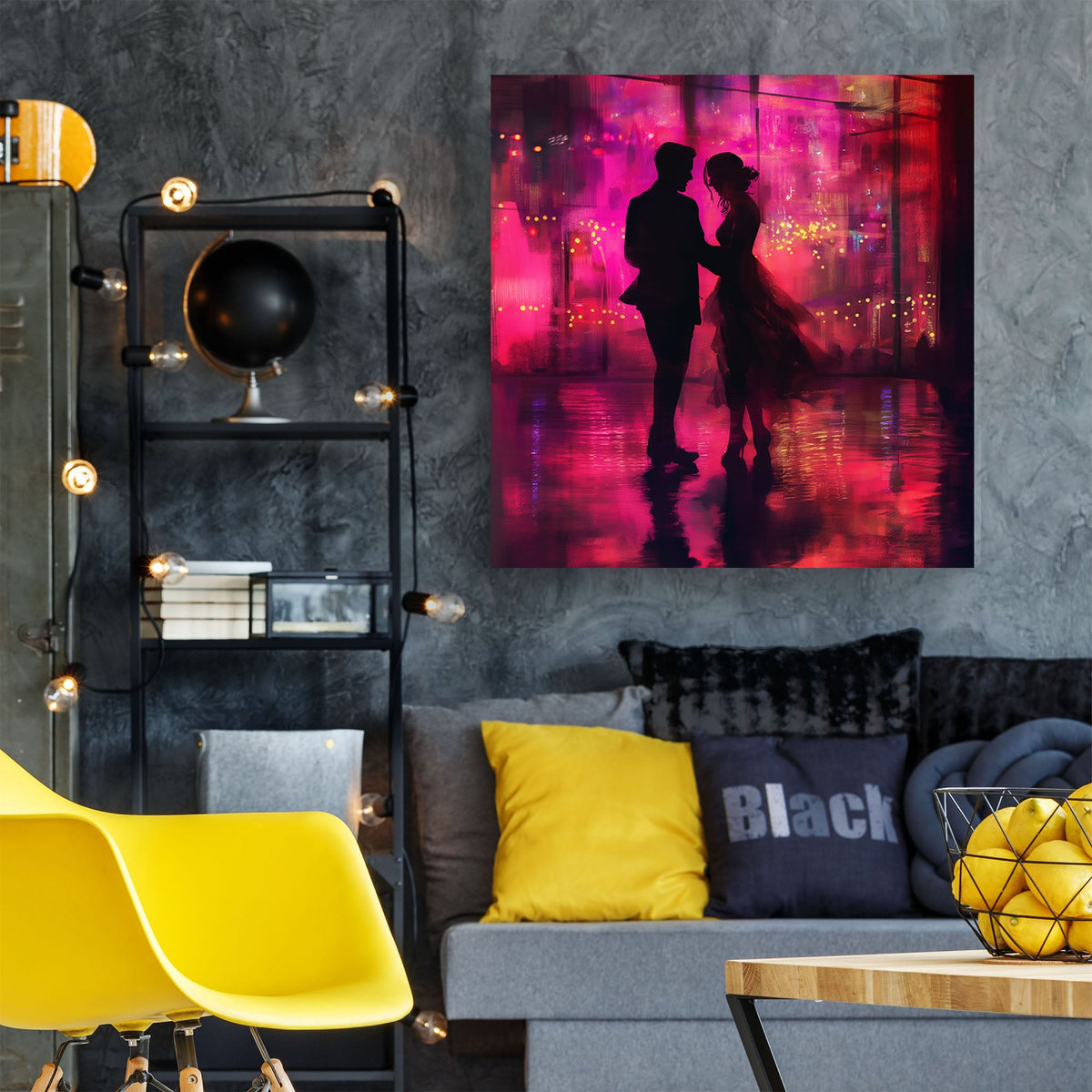 Couple dancing in pink lights wall art print