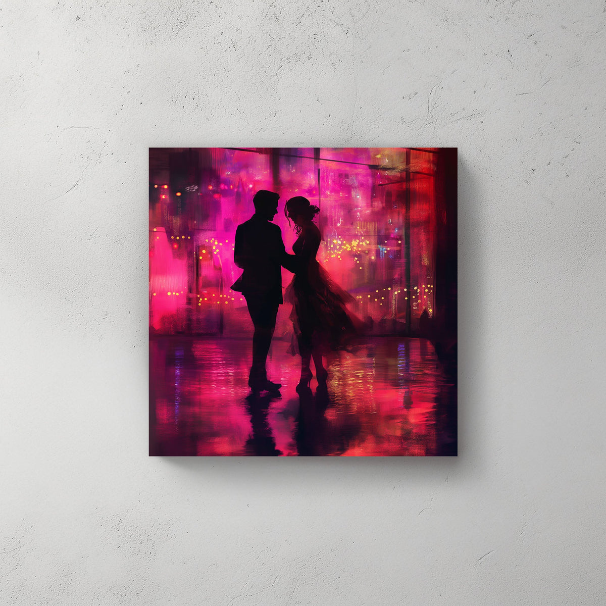 Couple dancing in pink lights wall art print